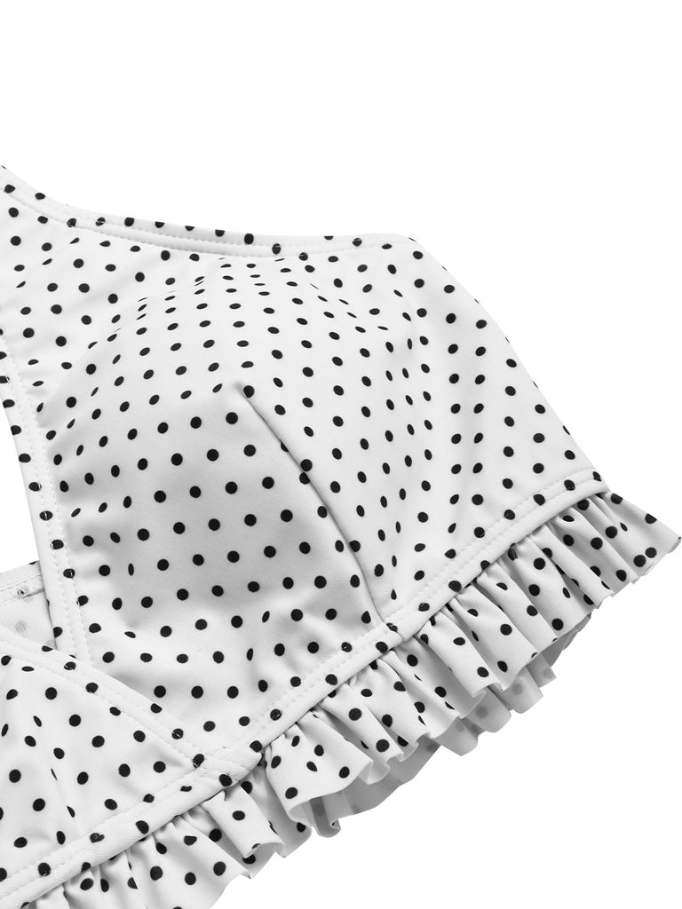 [Pre-Sale] White & Black 1940s Polka Dot Ruffled Skirt Swimsuit
