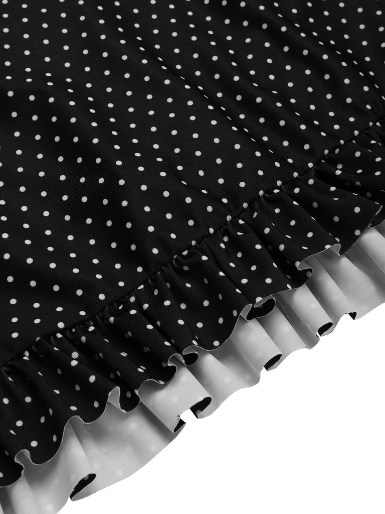 [Pre-Sale] White & Black 1940s Polka Dot Ruffled Skirt Swimsuit