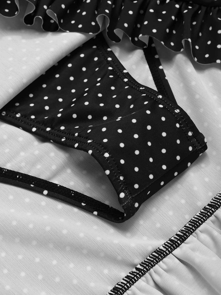 [Pre-Sale] White & Black 1940s Polka Dot Ruffled Skirt Swimsuit