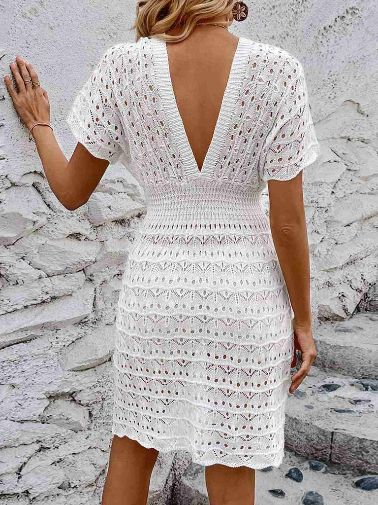 1960s Solid Deep V-Neck Crochet Cover-Up