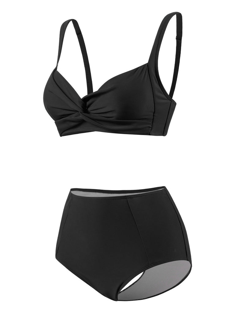 1950s Solid Spaghetti Straps Twist Bikini Set
