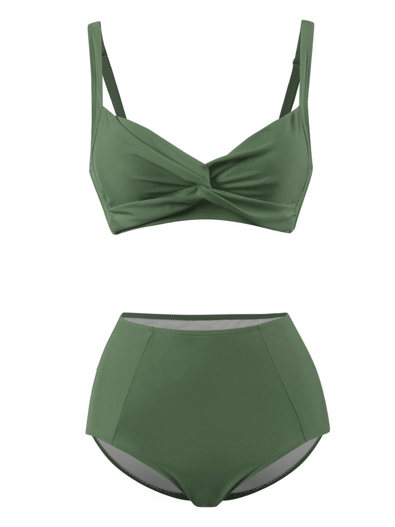 1950s Solid Spaghetti Straps Twist Bikini Set