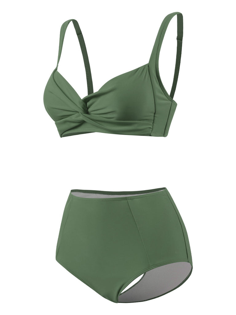 1950s Solid Spaghetti Straps Twist Bikini Set