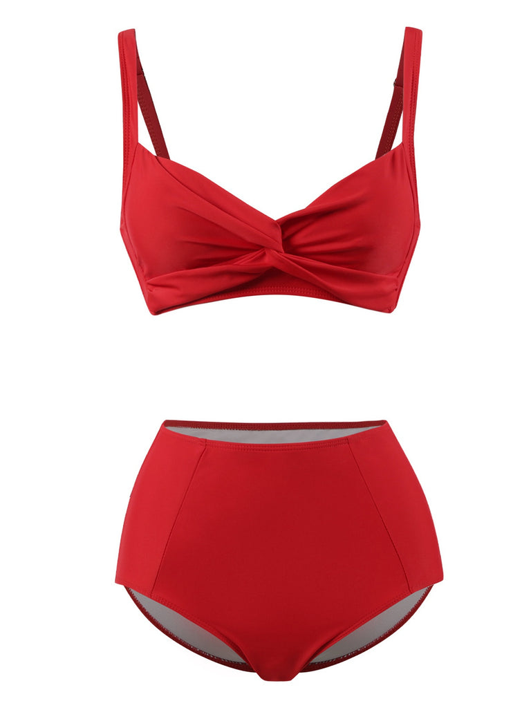 1950s Solid Spaghetti Straps Twist Bikini Set