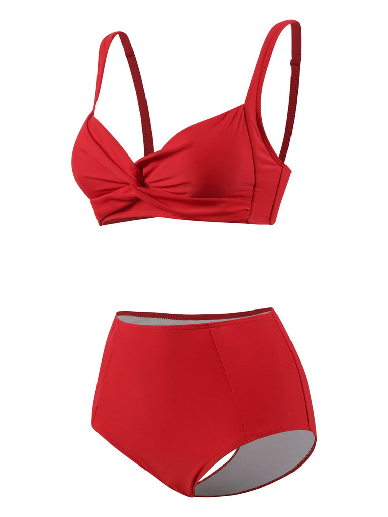 1950s Solid Spaghetti Straps Twist Bikini Set