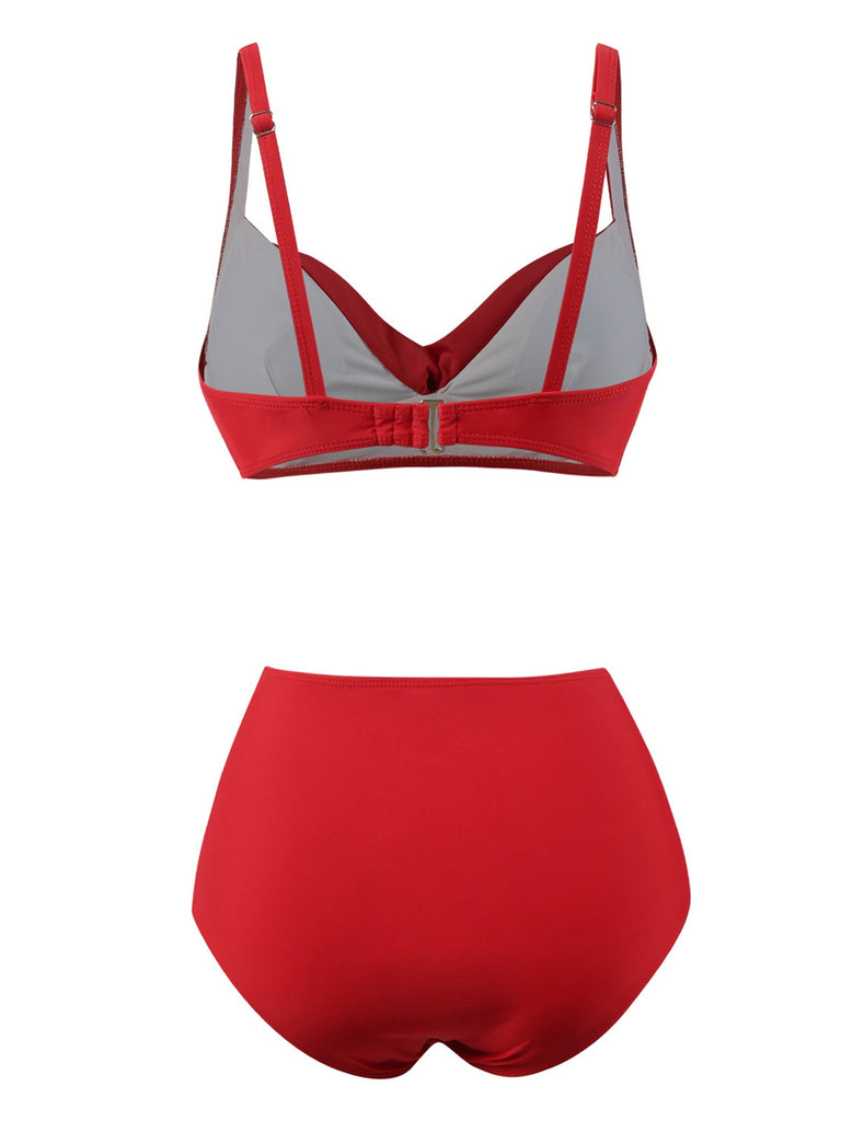 1950s Solid Spaghetti Straps Twist Bikini Set