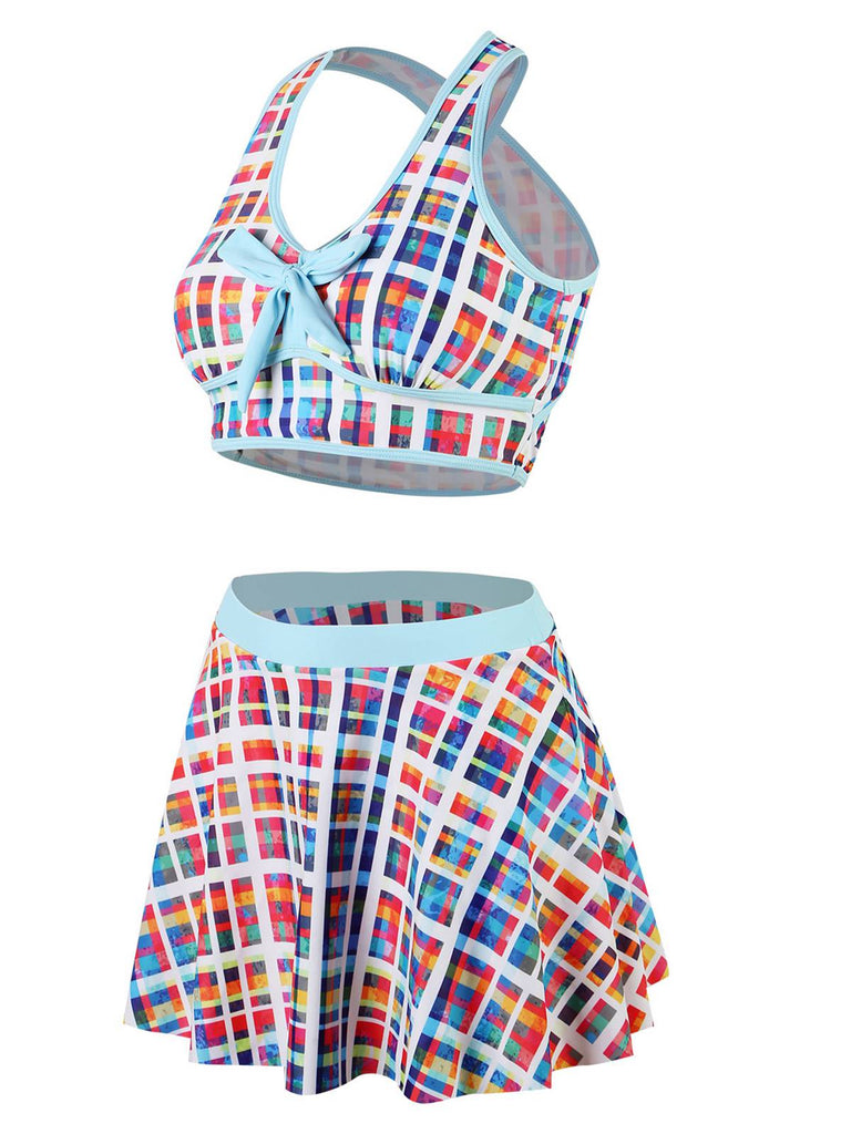 Multicolor 1970s Bohemian Plaid Print Skirt Swimsuit