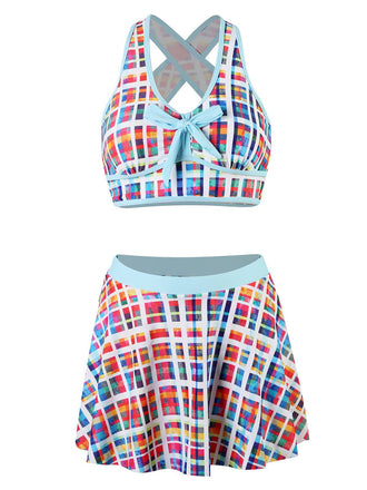Multicolor 1970s Bohemian Plaid Print Skirt Swimsuit