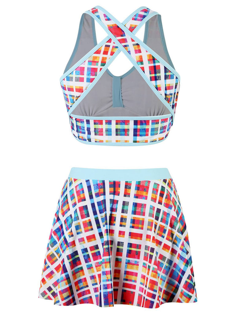 Multicolor 1970s Bohemian Plaid Print Skirt Swimsuit