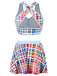 Multicolor 1970s Bohemian Plaid Print Skirt Swimsuit