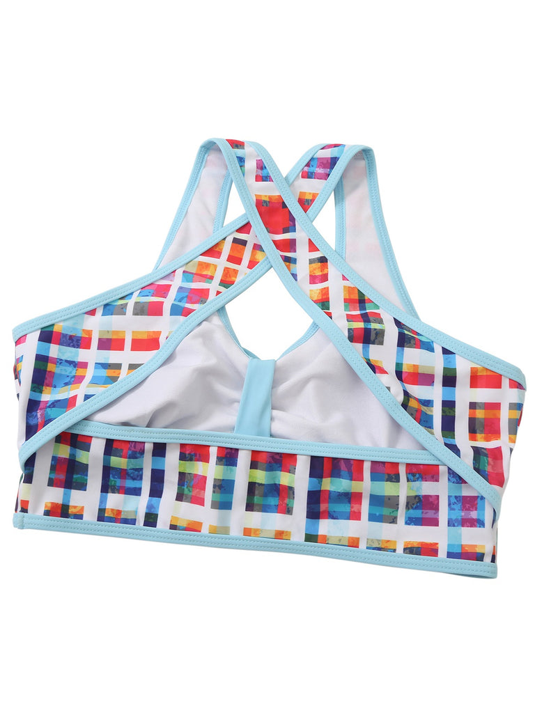 Multicolor 1970s Bohemian Plaid Print Skirt Swimsuit