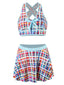 Multicolor 1970s Bohemian Plaid Print Skirt Swimsuit
