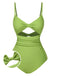 [Pre-Sale] Green 1930s Solid Bow Wrinkle Strap One-Piece Swimsuit