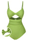 [Pre-Sale] Green 1930s Solid Bow Wrinkle Strap One-Piece Swimsuit