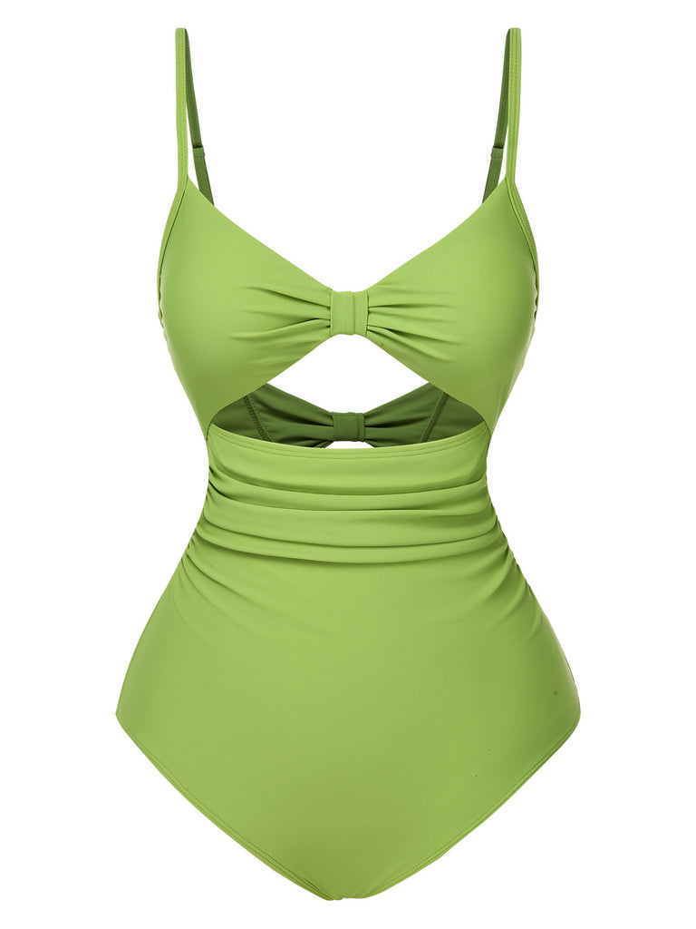 [Pre-Sale] Green 1930s Solid Bow Wrinkle Strap One-Piece Swimsuit