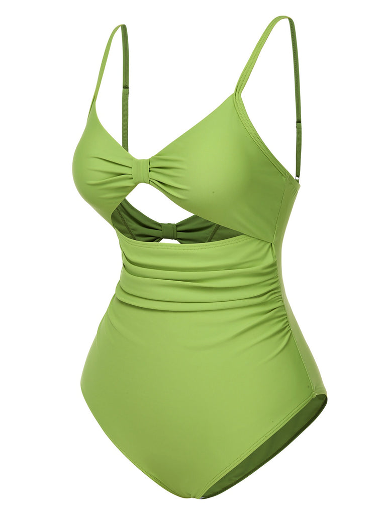 [Pre-Sale] Green 1930s Solid Bow Wrinkle Strap One-Piece Swimsuit