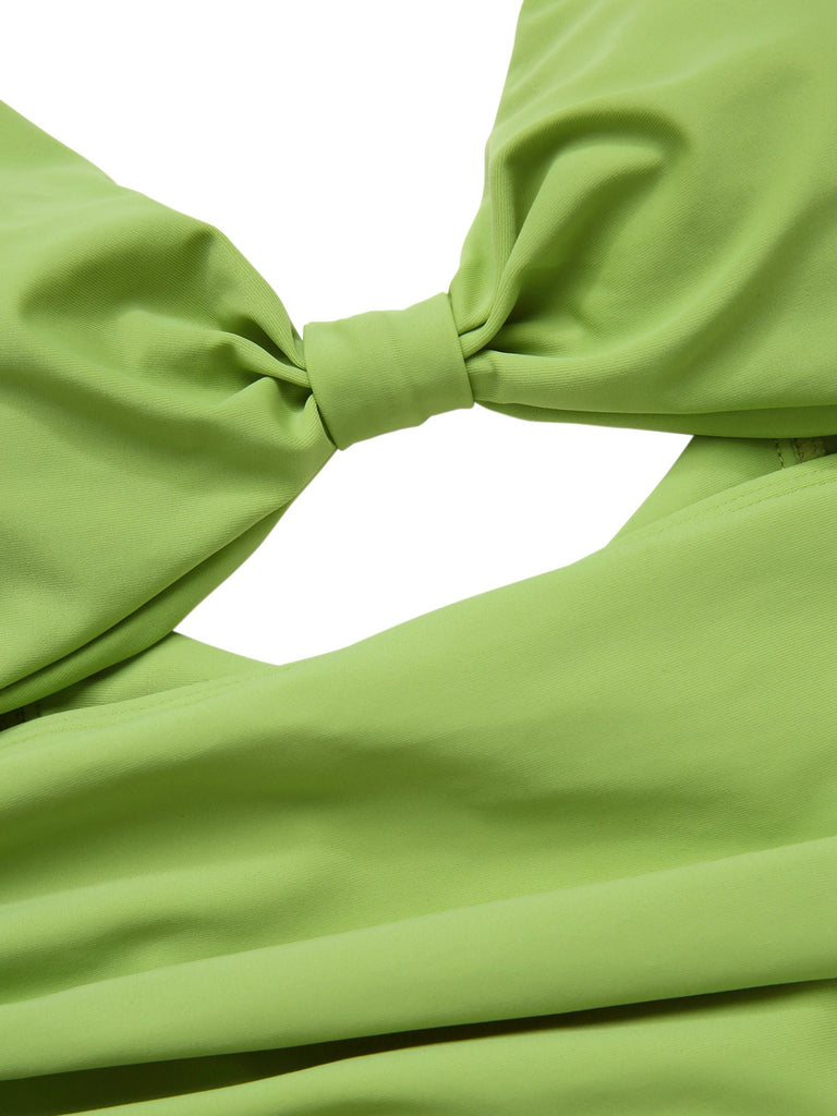 [Pre-Sale] Green 1930s Solid Bow Wrinkle Strap One-Piece Swimsuit