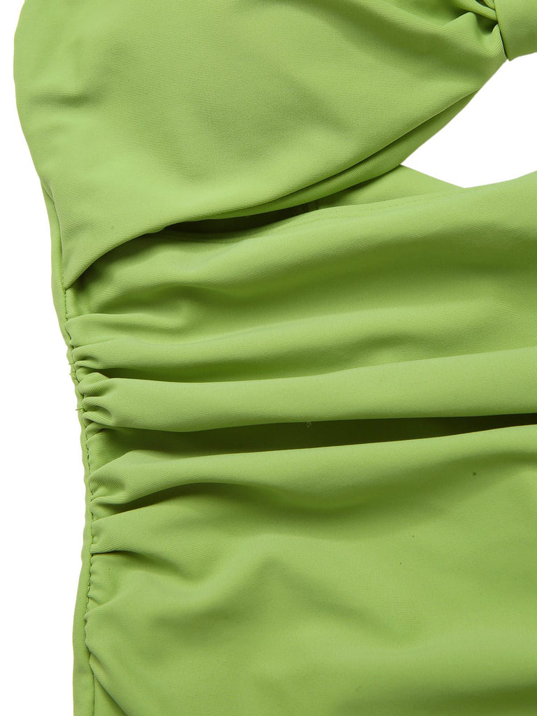 [Pre-Sale] Green 1930s Solid Bow Wrinkle Strap One-Piece Swimsuit