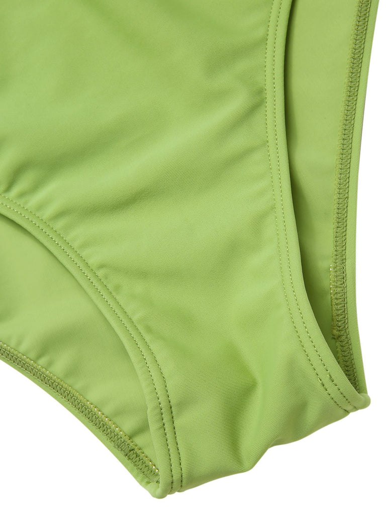 [Pre-Sale] Green 1930s Solid Bow Wrinkle Strap One-Piece Swimsuit