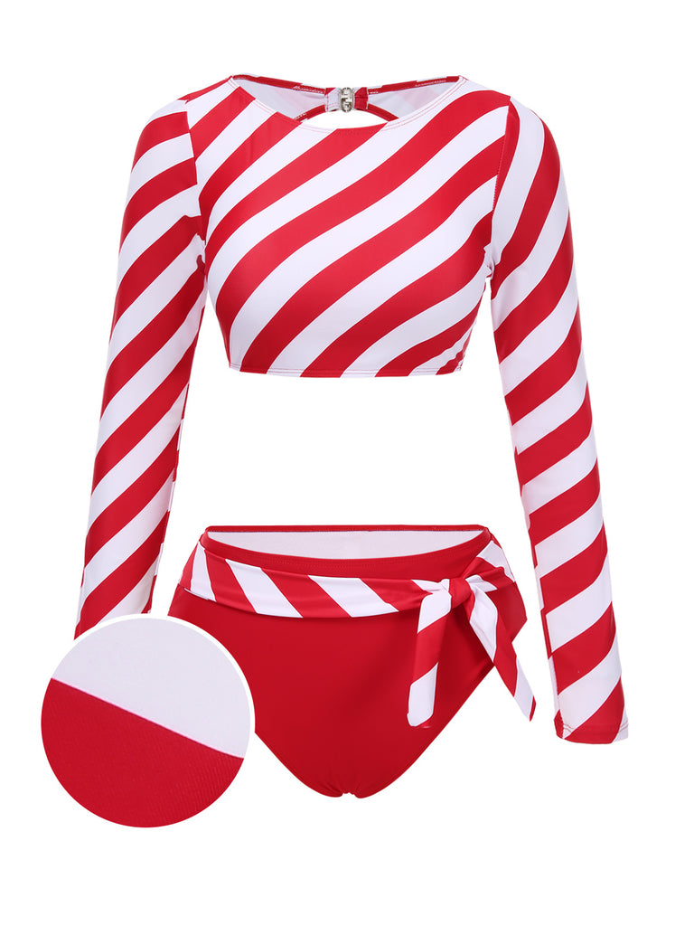 [Pre-Sale] Red 1970s Striped Print Boat Neck Swimsuit