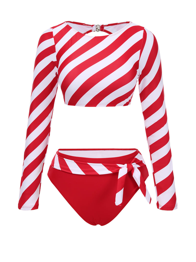 [Pre-Sale] Red 1970s Striped Print Boat Neck Swimsuit
