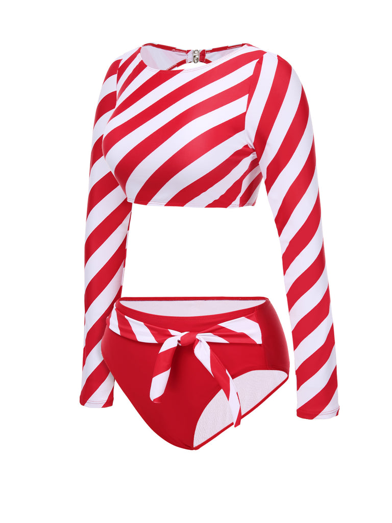 [Pre-Sale] Red 1970s Striped Print Boat Neck Swimsuit
