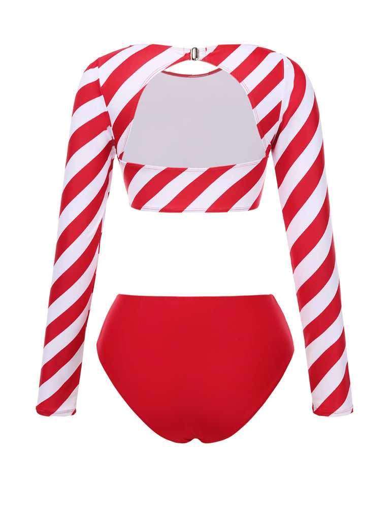 [Pre-Sale] Red 1970s Striped Print Boat Neck Swimsuit