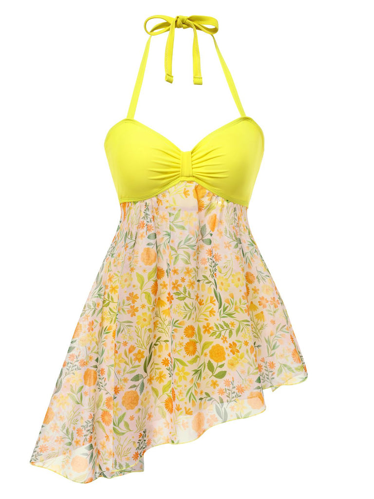 [Pre-Sale] Yellow 1960s Halter Patchwork Floral Swimsuit