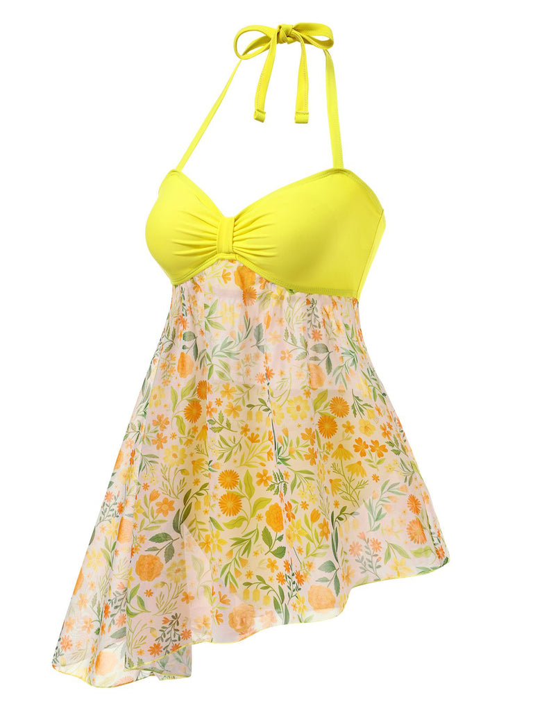 [Pre-Sale] Yellow 1960s Halter Patchwork Floral Swimsuit