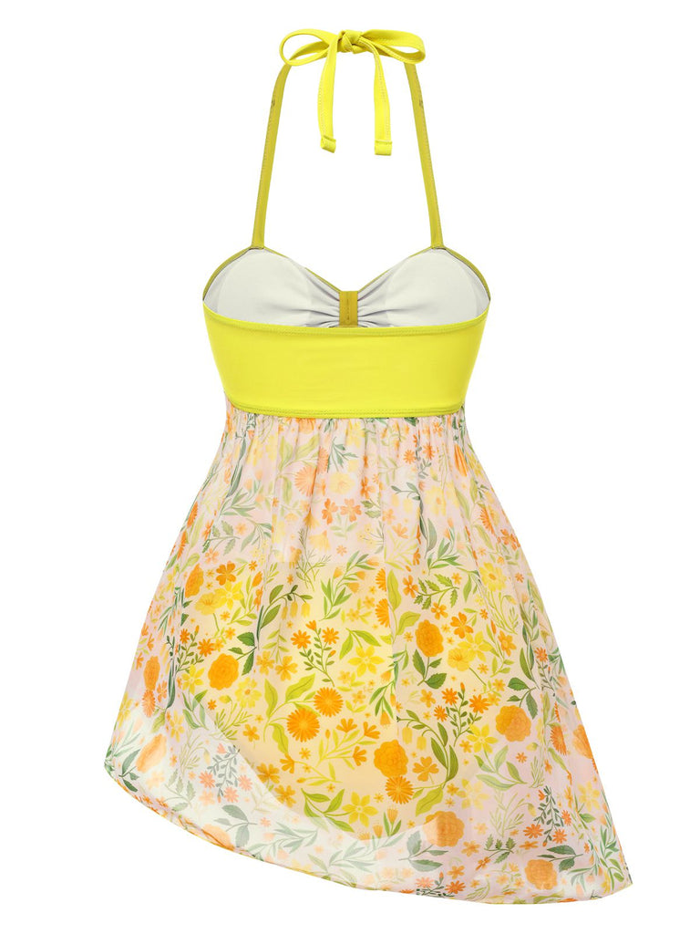 [Pre-Sale] Yellow 1960s Halter Patchwork Floral Swimsuit