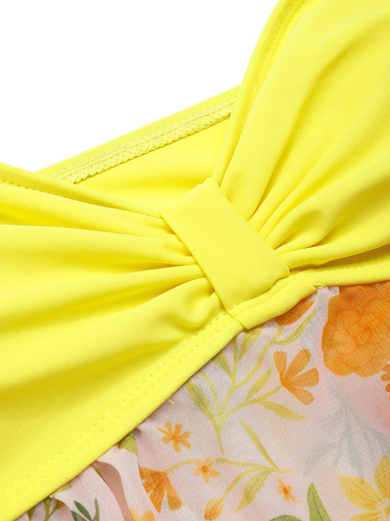 [Pre-Sale] Yellow 1960s Halter Patchwork Floral Swimsuit