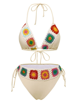 1950s Boho Crochet Lace-Up Halter Bikini Set