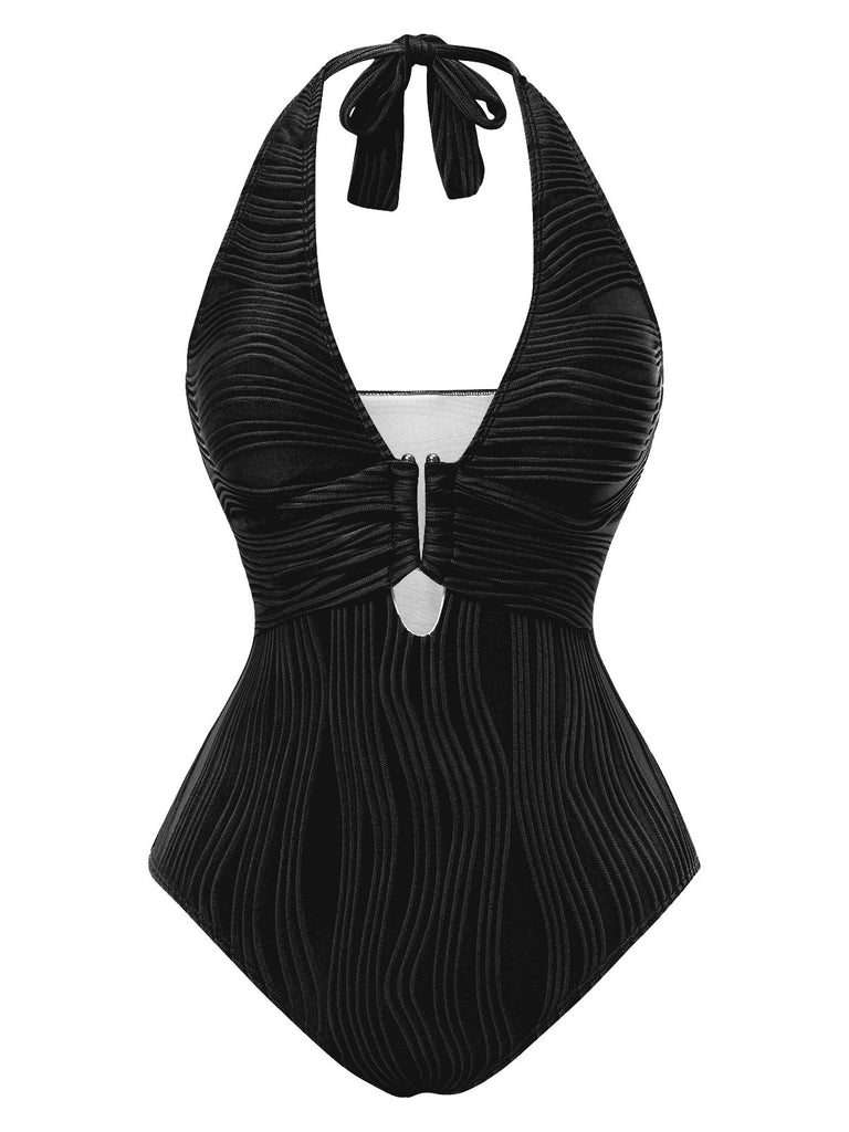 1950s Halter Hollow U-Ring Textured Swimsuit