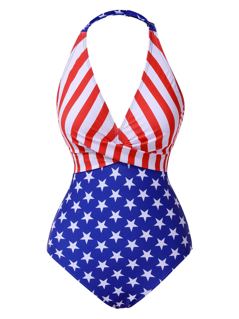 Multicolor 1940s Independence Day Flag One-Piece Swimsuit