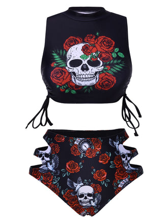 Black 1970s Rose Skull Lace -Up Tankini