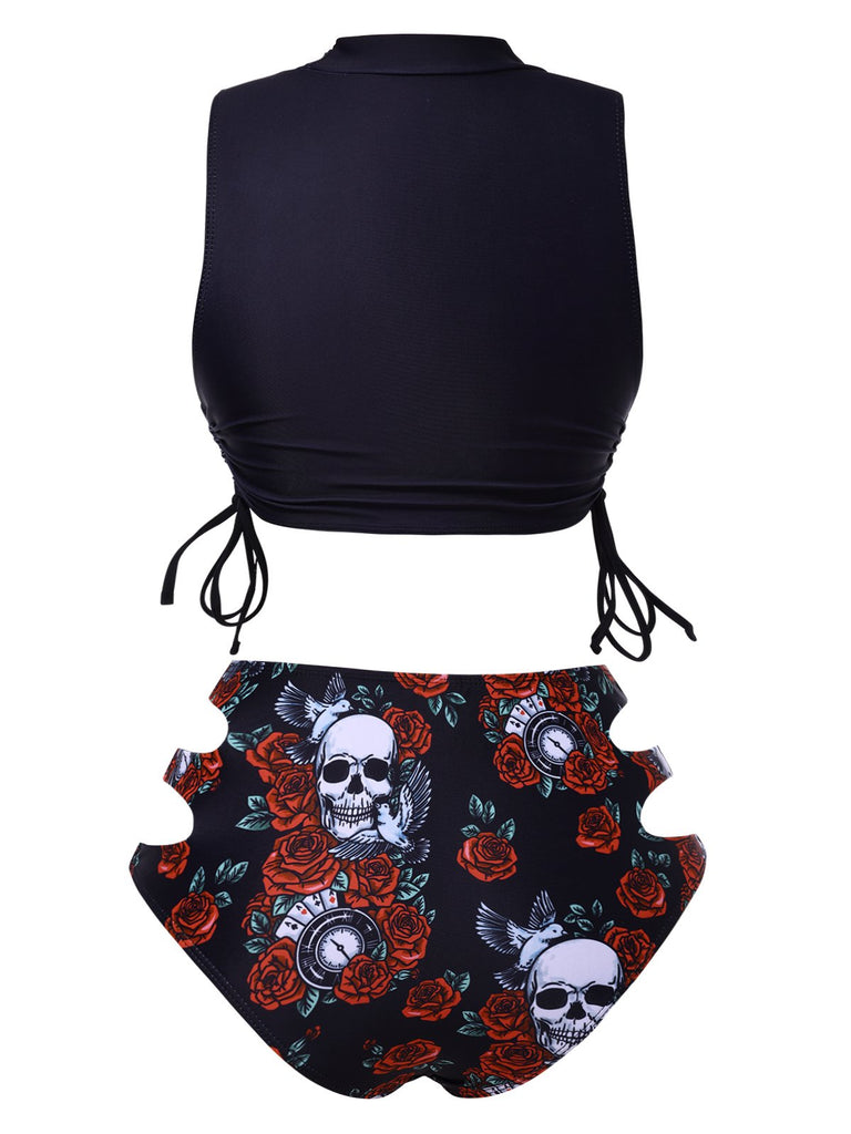 Black 1970s Rose Skull Lace -Up Tankini