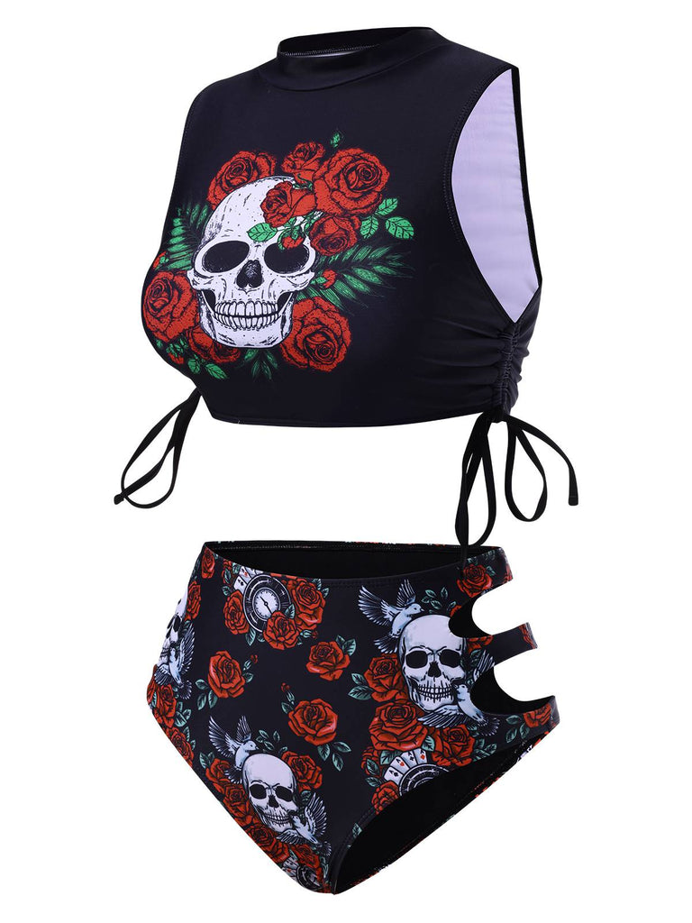 Black 1970s Rose Skull Lace -Up Tankini