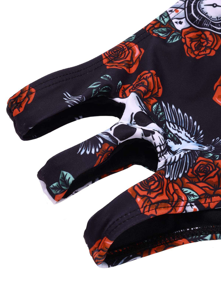 Black 1970s Rose Skull Lace -Up Tankini