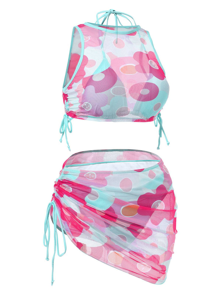 2PCS 1950s Blue Solid Swimsuit & Pink Floral Cover-Up