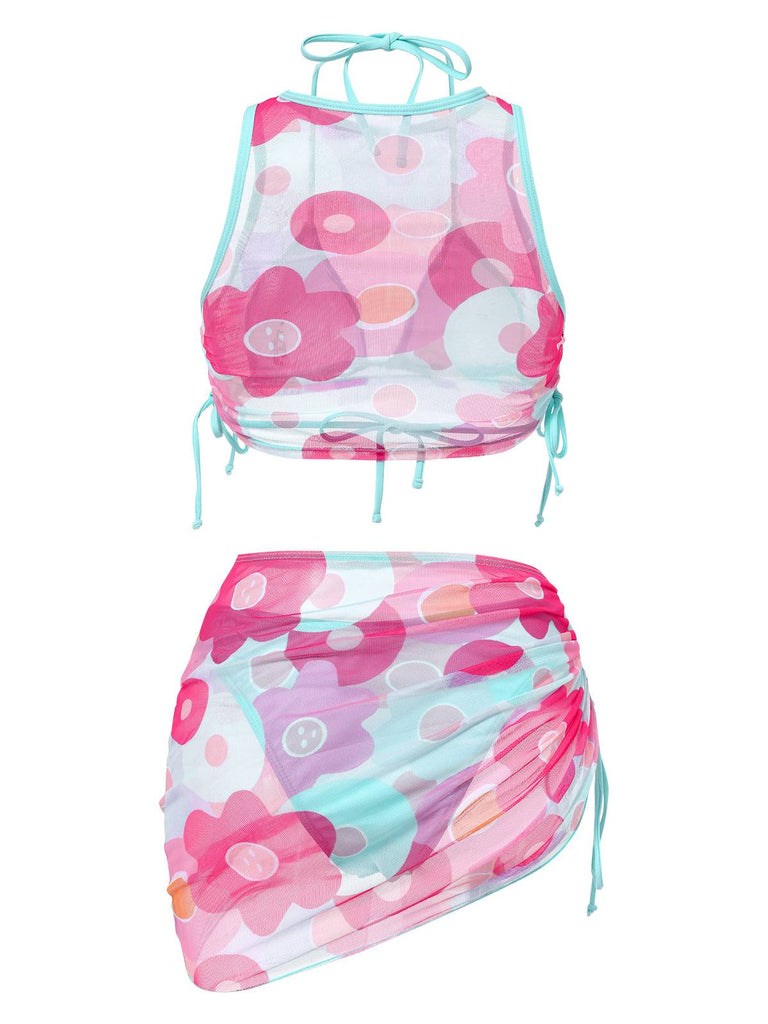 2PCS 1950s Blue Solid Swimsuit & Pink Floral Cover-Up