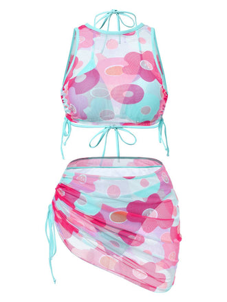 2PCS 1950s Blue Solid Swimsuit & Pink Floral Cover-Up