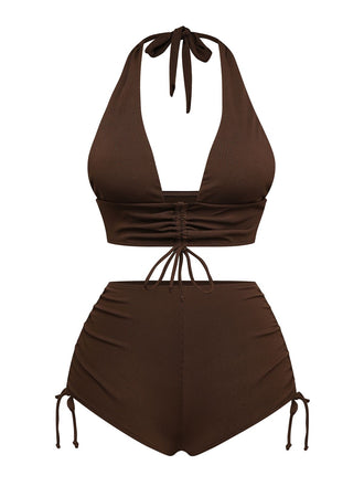 Brown 1950s Solid Deep V-Neck Halter Bikini Set