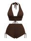 Brown 1950s Solid Deep V-Neck Halter Bikini Set