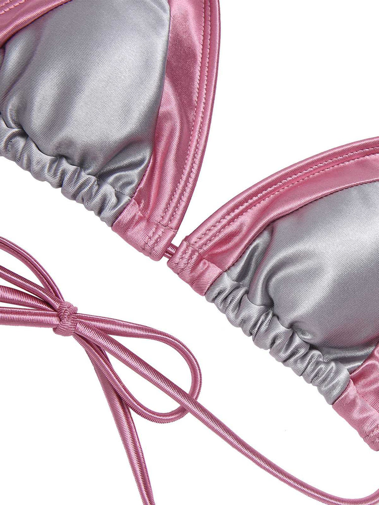 1970s Halter Metallic Colorblock Ruffles Bikini