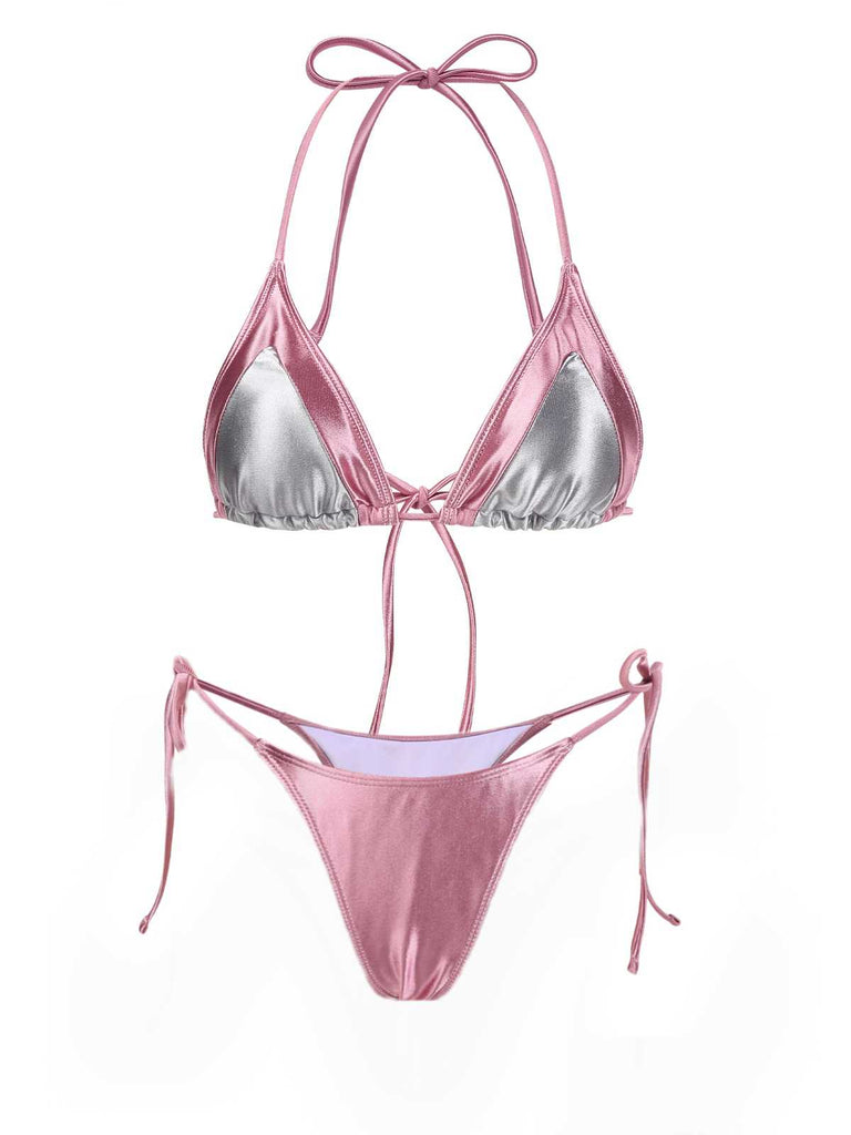 1970s Halter Metallic Colorblock Ruffles Bikini