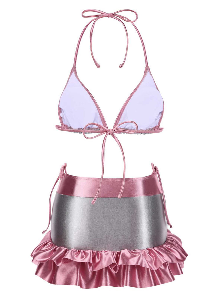 1970s Halter Metallic Colorblock Ruffles Bikini