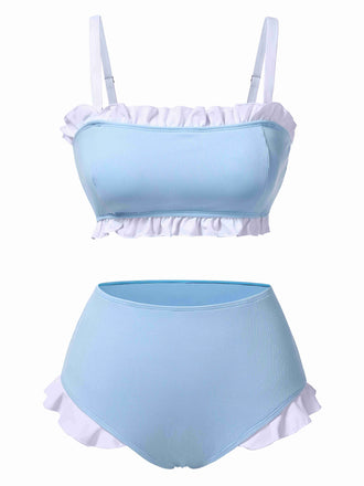 Blue 1950s Ruffled Strap Swimsuit