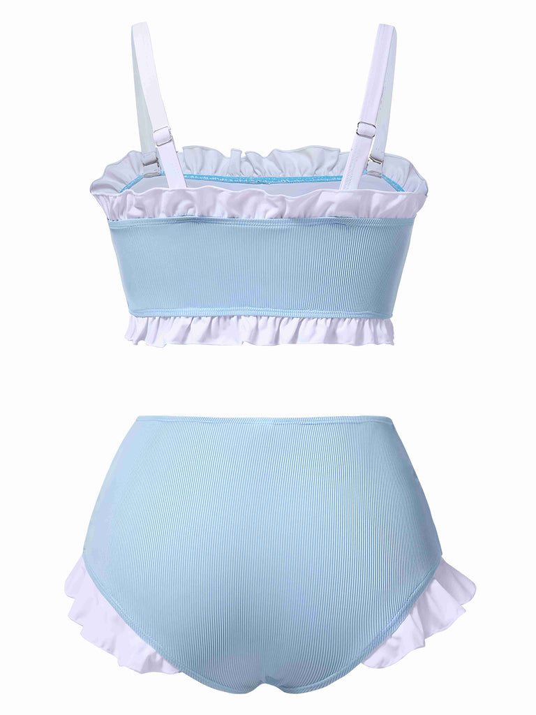 Blue 1950s Ruffled Strap Swimsuit