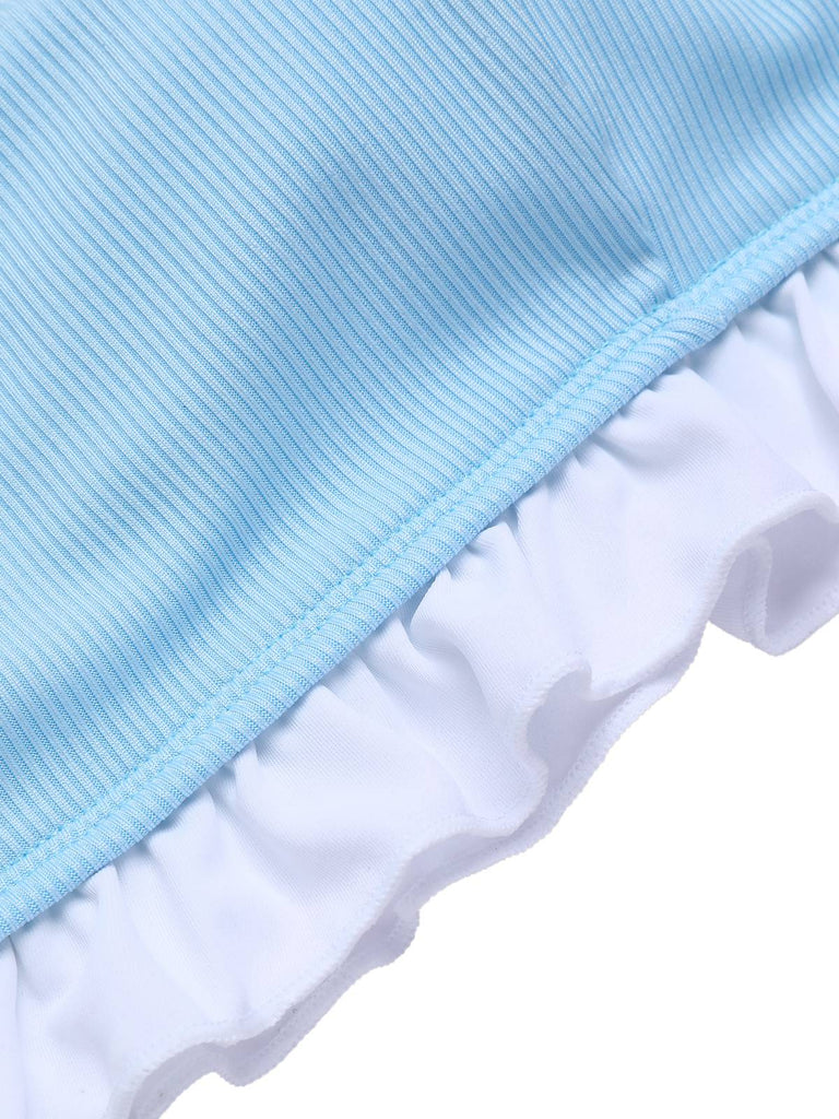 Blue 1950s Ruffled Strap Swimsuit
