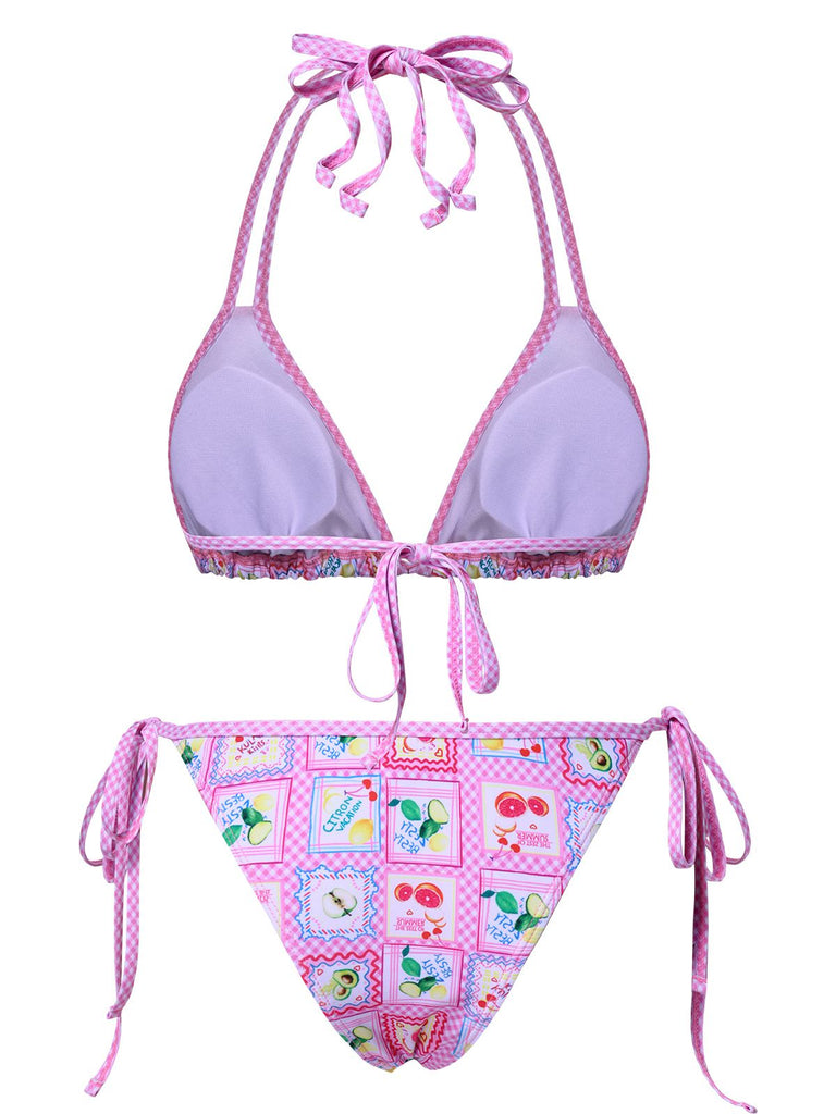 Pink 1960s Fruits Plaid Halter Bikini Set